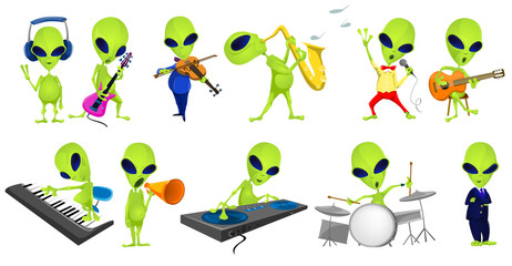 Vector set of green aliens music illustrations.