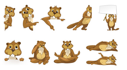 Vector set of cute beavers illustrations.