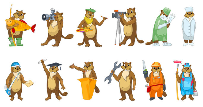 Vector set of beavers profession illustrations.