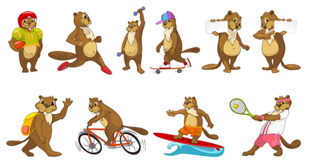 Vector set of cute beavers sport illustrations. © Visual Generation