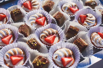 Beautifully decorated catering banquet table with different food snacks and appetizers with sandwich, caviar, fresh fruits on corporate christmas birthday kids party event or wedding celebration