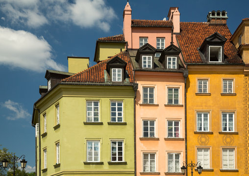 A close up of buildings in Castle Square in Warsaw, Poland
