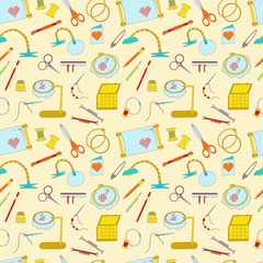 Frame for embroidery, scissors, organizer, spool, a magnifying glass and other accessories. Collected in a vector Seamless pattern for use in design, web site, packaging, textiles, wallpaper.