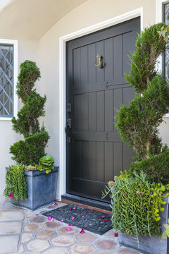 Front door, side view of a black colored front door with an inviting entryway