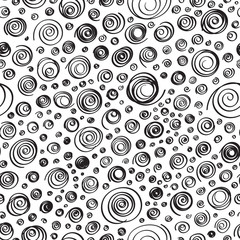 Vector Abstract Black and White Background. Seamless Hand Drawn Pattern with Circle Spirals. Summer Texture. Design, Web Site, Packing, Textile, Fabric Background. Ready Swatch Included in File