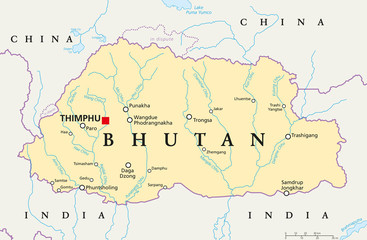 Bhutan political map with capital Thimphu, national borders, important cities, rivers and lakes. Landlocked kingdom in South Asia, Eastern Himalaya. English labeling. Illustration.