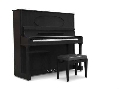 Small upright piano with piano bench - on white background