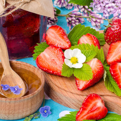 The summer season. Strawberry, honey and strawberry jam.