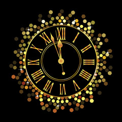 Gold Clock with New Year numerals on a black background