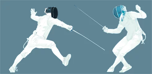 Foto op Plexiglas Two athletes in fencing competition with mask sword, saber or foilprotected with masks handling the sword, saber or foil © Mendilar