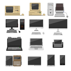 Computer technology vector evolution isolated display. Telecommunication equipment metal pc monitor frame computer modern office network. Old computer device electronic black equipment space. - 115184999