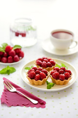 Fruit cakes: raspberries tarts on a table 