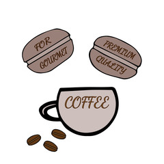 Hand drawn cup of coffee with inscription For gourmet and Premiu