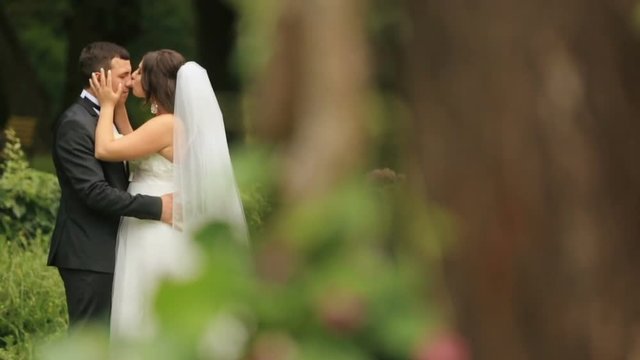 Cheerful newlyweds embracing and making an eskimo kiss in green summer park. Handsome groom tenderly embraces his lovely bride