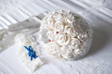 Artificial bouquet, garter and gloves - bride accessories