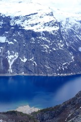Panorama of the lake and snow-capped mountains