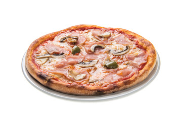 Homemade capricciosa pizza isolated on white background