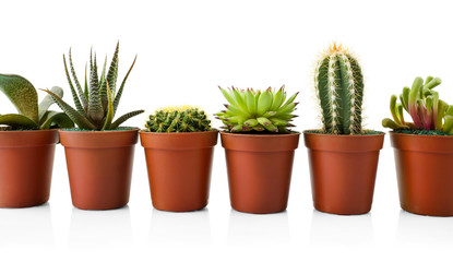 Different succulents and cactus in pots on white background