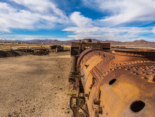 Abandoned rusty old train in train cemetery, Bolivia