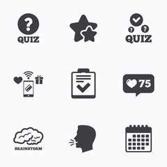 Quiz icons. Checklist and human brain symbols.