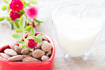 Rose, Almond milk with almond seed, almond  organic healthy nut