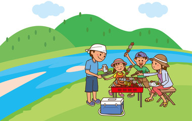 川沿いバーベキューをするファミリーのイメージイラスト