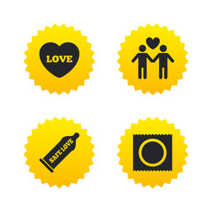 Condom safe sex icons. Lovers Gay couple sign.