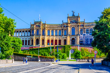 Maximilianeum - Bavarian state parliament with flags in Munich, Bavaria Germany