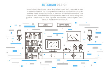 Interior house design linear vector illustration. Flat graphic design of living room (modern apartment). Creative concept of flat interior house design.
