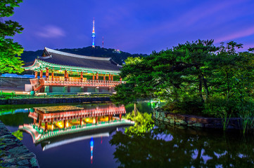 Fototapeta premium Namsangol Hannok Village and Seoul Tower Located on Namsan Mount