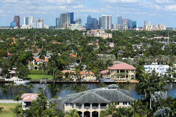 Aerial view of Fort Lauderdale's skyline, intracoastal waterways and surrounding waterfront homes