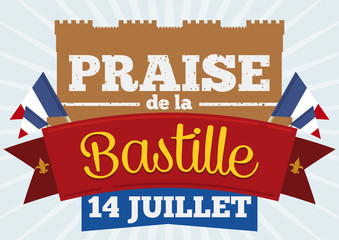 Commemorative Design for the Storming Bastille with French Pennants, Vector Illustration