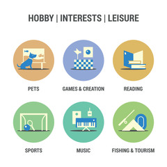 Icons set of hobby, interests, leisure area. Colored.