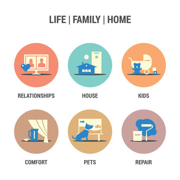 Icons set of life, family, home area. Colored.