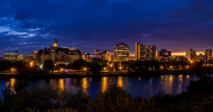 Saskatoon skyline along the Saskatchewan River  in Saskatoon, Saskatchewan