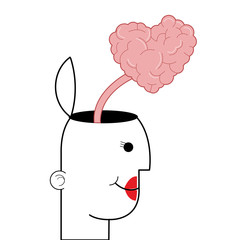 female person with open head and heart shaped brain coming out icon