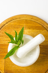 Fresh spearmint herb in the mortar
