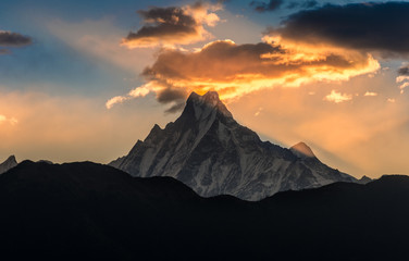 Nepal, Mount Machapuchare (Fishtail) at sunrise, view from poon hill Nepal. Machapuchare is a mountain in the Annapurna Himal of north Central Nepal.