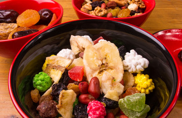 different mixed nuts and raisins