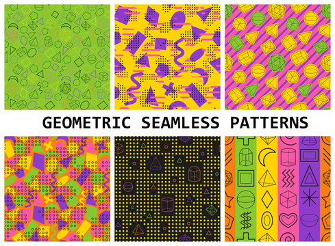 Geometric seamless patterns set. Hipster fashion Memphis style. Vector illustration.