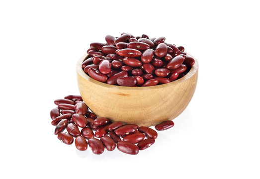 dried red bean in wooden bowl and on white background