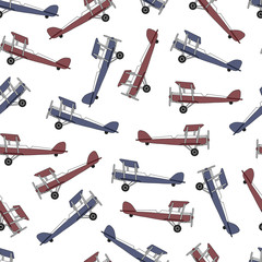 Background red and blue Old authentic vintage stylized cartoon retro airplane.