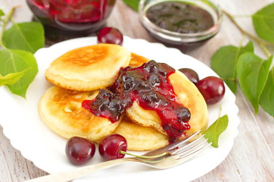 Pancakes with cherry jam