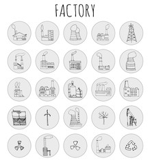 Hand drawn doodle Factory set. Vector illustration Sketchy cartoon Industrial building icons. Manufacture, Oil drill, Eco refinery concept, Pipe with smoke, Pollution, Recycling, Tree, Plant, Leaves