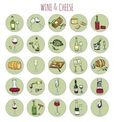 Hand drawn wine and cheese set icons. Vector illustration Sketchy tasting elements collection isolated on white Objects Cartoon symbols Vineyard background Winery Grape Glass Bottle package Oak barrel