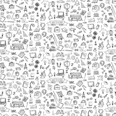 Seamless background hand drawn doodle Back to school icon set Vector illustration educational symbols collection Cartoon various learning elements: Laptop  Lunch box  Microscope  Telescope  Sketch bus © natashapankina
