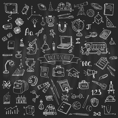 Hand drawn doodle Back to school icons set Vector illustration educational symbols collection Cartoon various learning elements: Laptop; Lunch box; Bag; Microscope; Telescope; Books; Pencil Sketch bus