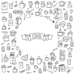 Hand drawn doodle Coffee time icon set Vector illustration isolated drink symbols collection Cartoon various beverage element: mug, cup, espresso, americano, irish, decaf, mocha, coffee making machine