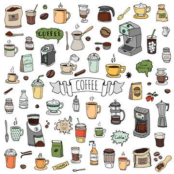 Hand drawn doodle Coffee time icon set Vector illustration isolated drink symbols collection Cartoon various beverage element: mug, cup, espresso, americano, irish, decaf, mocha, coffee making machine