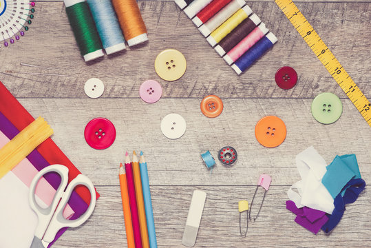 Workplace of fashion designer studio with equipment